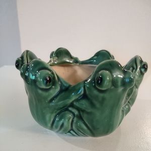 Vintage Frog Frogs Bowl Planter Pot Trinket Container Dish Majolica Pottery